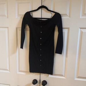 Black Ribbed Button-Front Off-Shoulder Women’s Dress